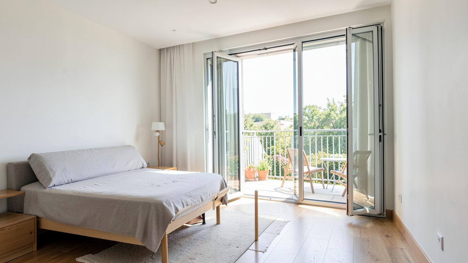 Bright one-bedroom flat with balcony doors open, typical of a flat EPC survey