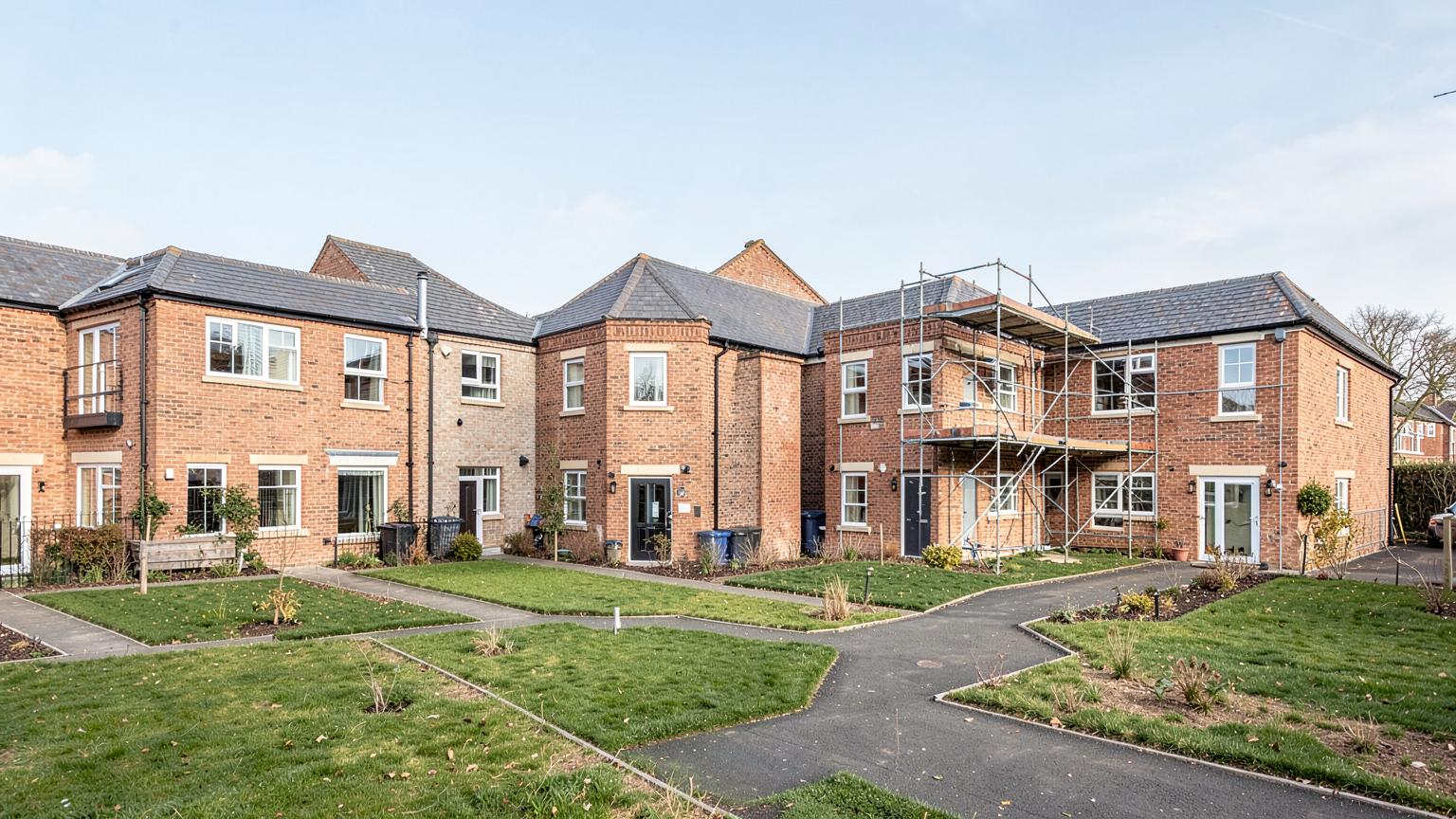Newly completed housing development with the final plot still scaffolded