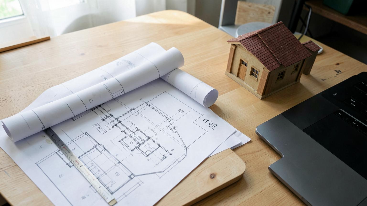 Architect's drawings, scale rule and house model used to prepare SAP calculations