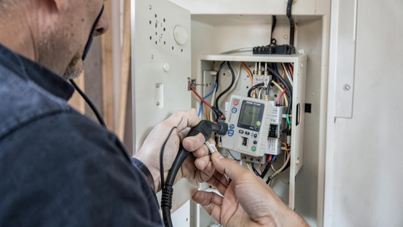 Electrician testing a consumer unit with a multifunction tester during an EICR