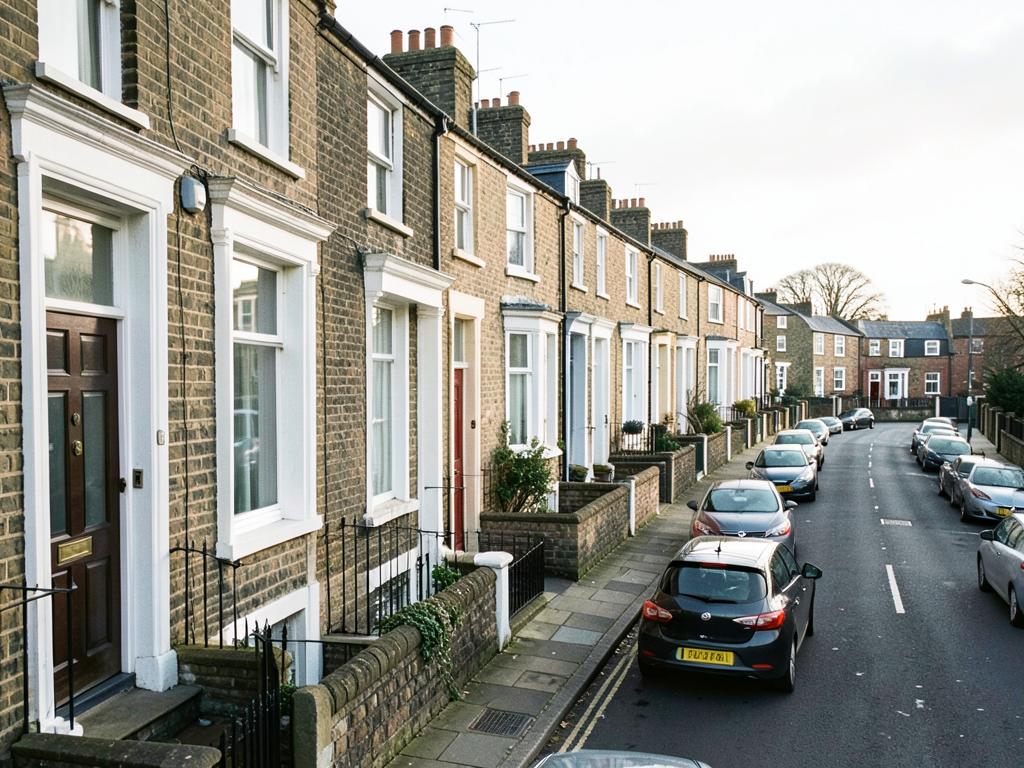 Long terrace of rental houses along a London street