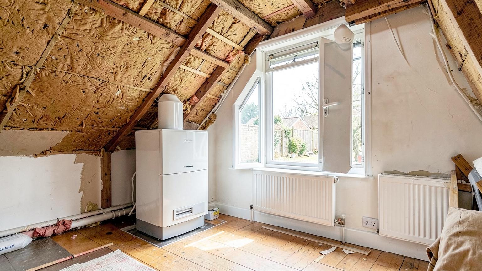 Loft insulation, a modern boiler and double-glazed windows inside a British home being upgraded