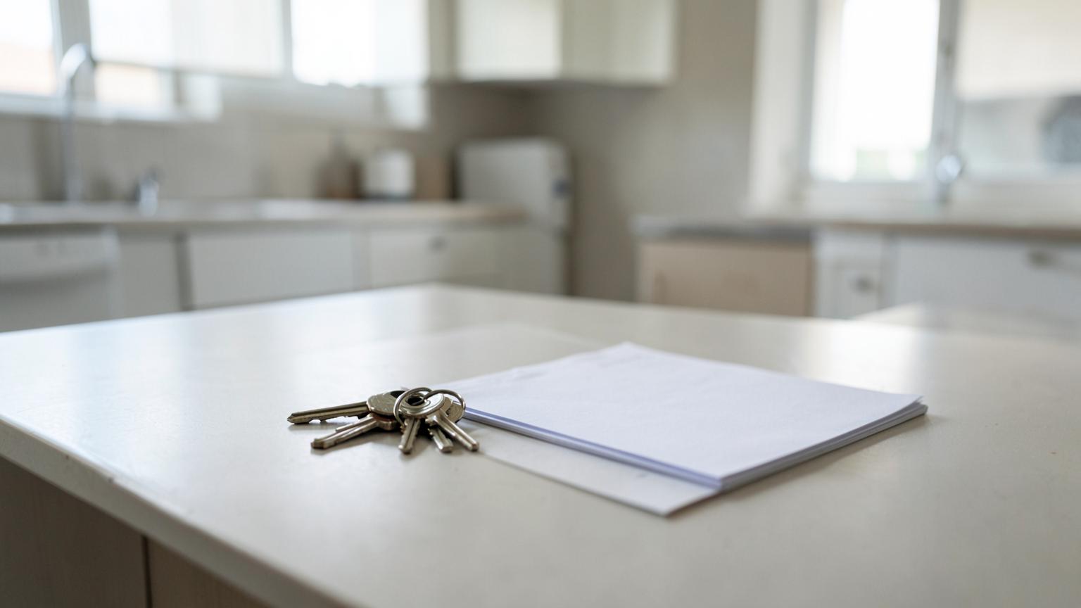 House keys and tenancy paperwork on a kitchen worktop in a rental property