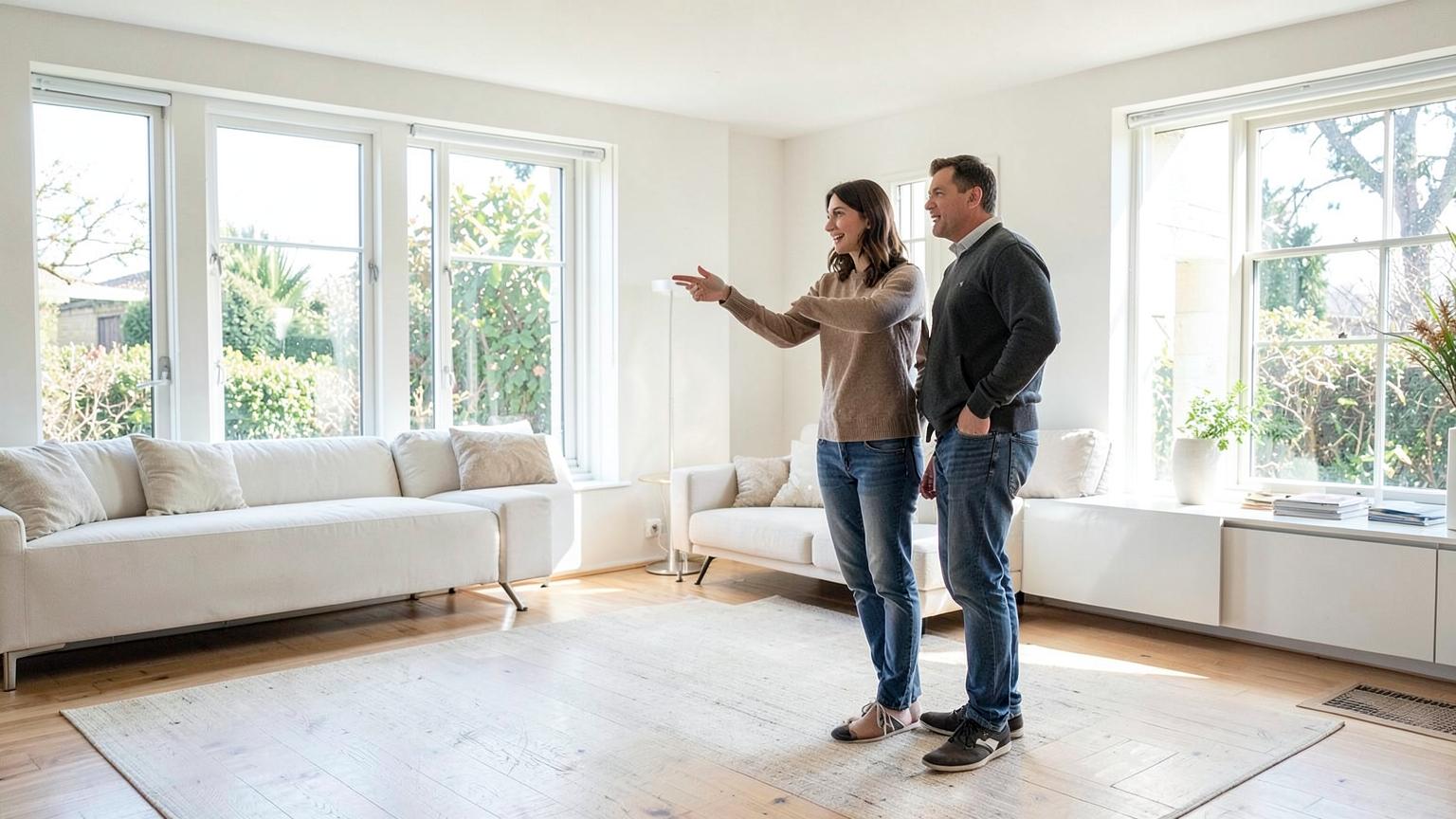 Estate agent showing buyers around an empty living room before marketing