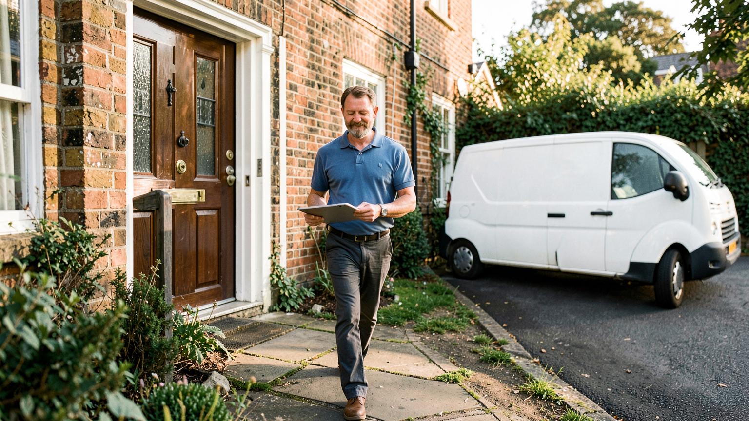 Energy assessor arriving at a front door with a tablet for a same-day EPC visit
