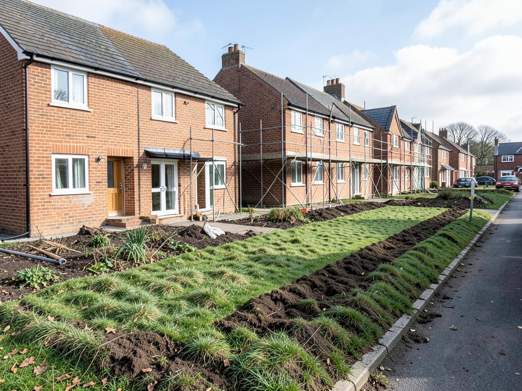 Newly completed new-build houses with turf being laid