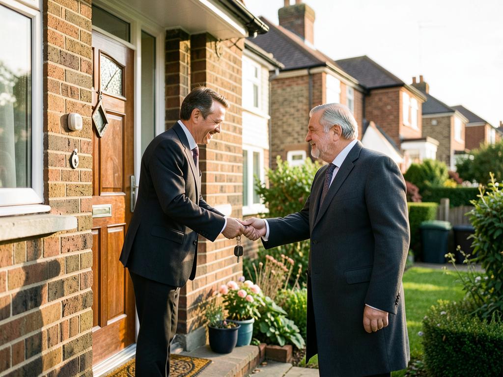 Landlord handing keys to new tenants on the doorstep