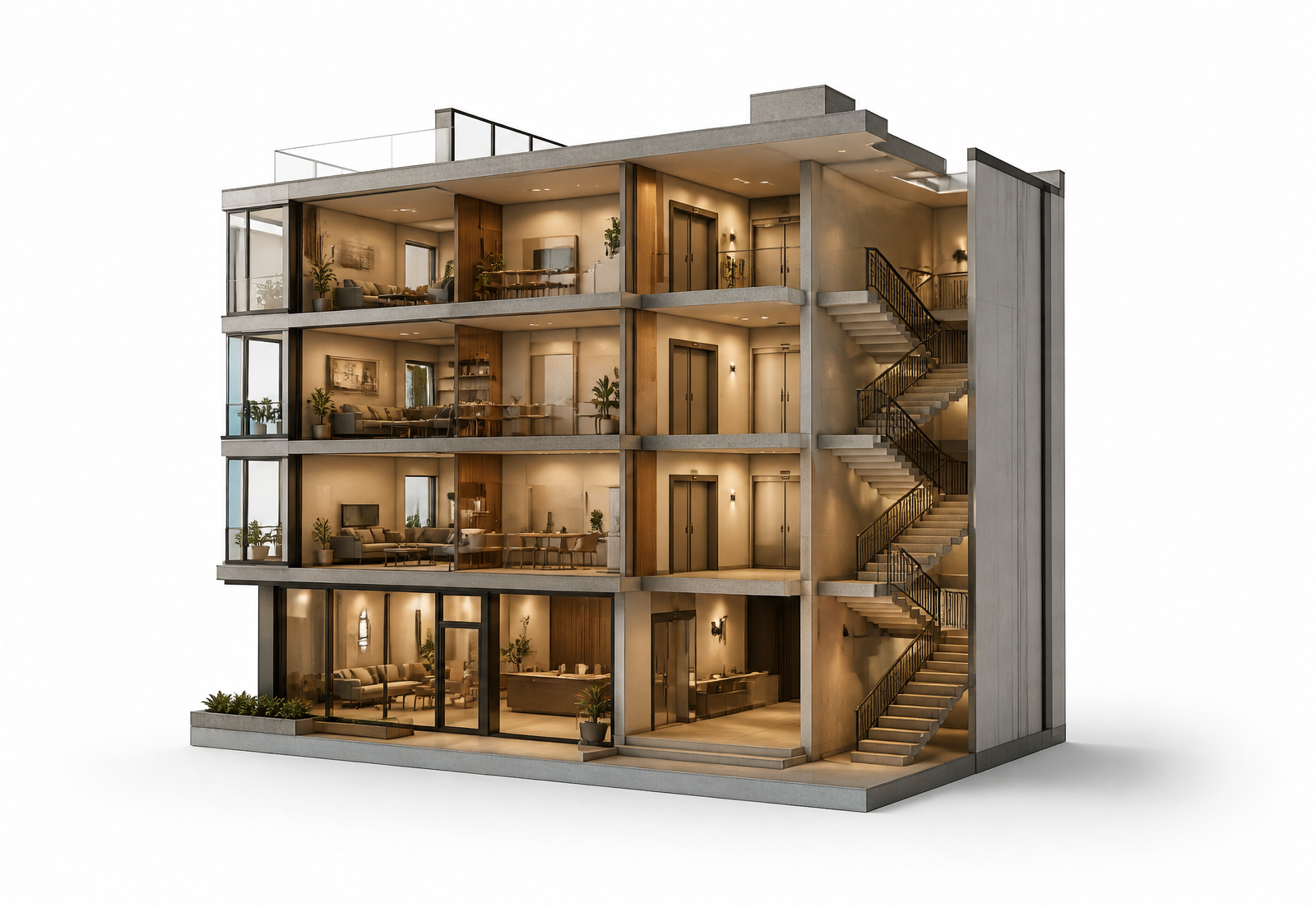 Cutaway render of a four-storey building showing apartments, communal stairs and the ground floor lobby